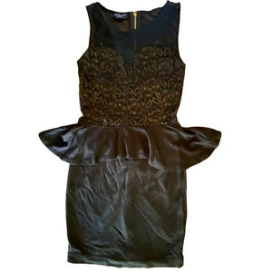 Bebe Women's Size S/P Sleeveless Black and Gold Lace Peplum Dress Size S/P